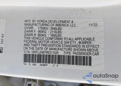 2024 Honda Civic Sport from USA, damaged, VIN 19XFL2H87RE011525